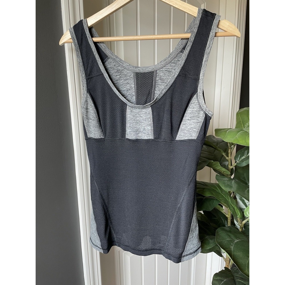 Lululemon Run Recharge Tank Top Size 6 Black Heathered Gray Mesh Panel Athletic